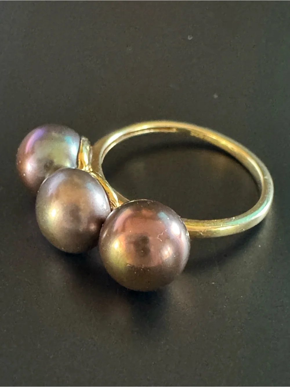 D’Joy 925 Gold Vermeil 3 Peacock Pearl Statement Ring - Size 6